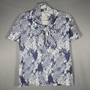 Vtg Ned J Atlanta Blouse Womens 12 Blue Geometric Bow Tie Neck Secretary Top